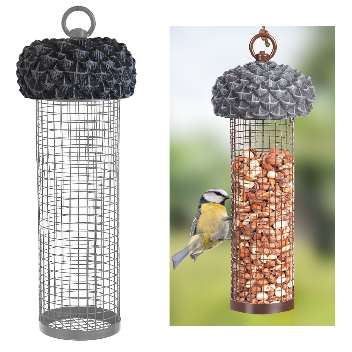 Acorn-shaped wild bird feeder filled with nuts, with a small bird perched on it.