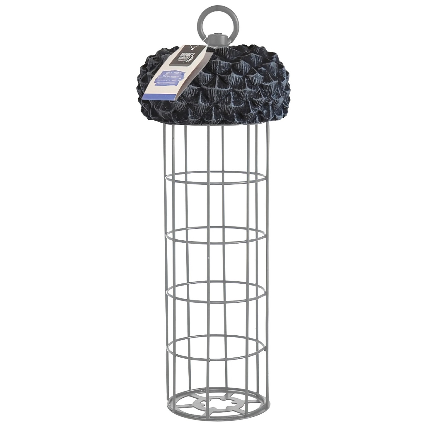 Metal bird feeder with acorn-shaped top for suet fat balls, designed to prevent squirrels.