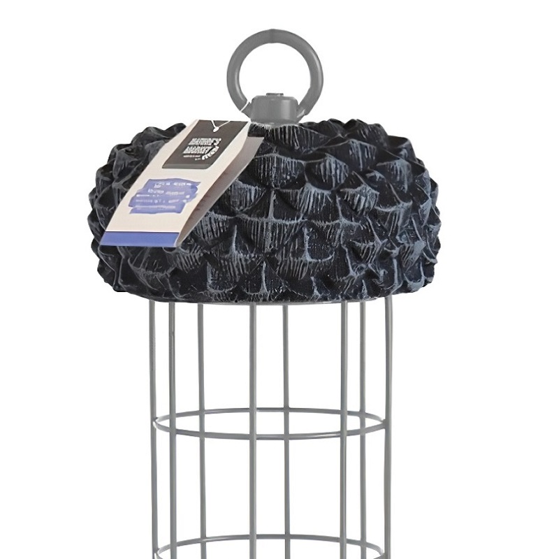 Wild bird feeder with acorn design and metal cage for suet fat balls.