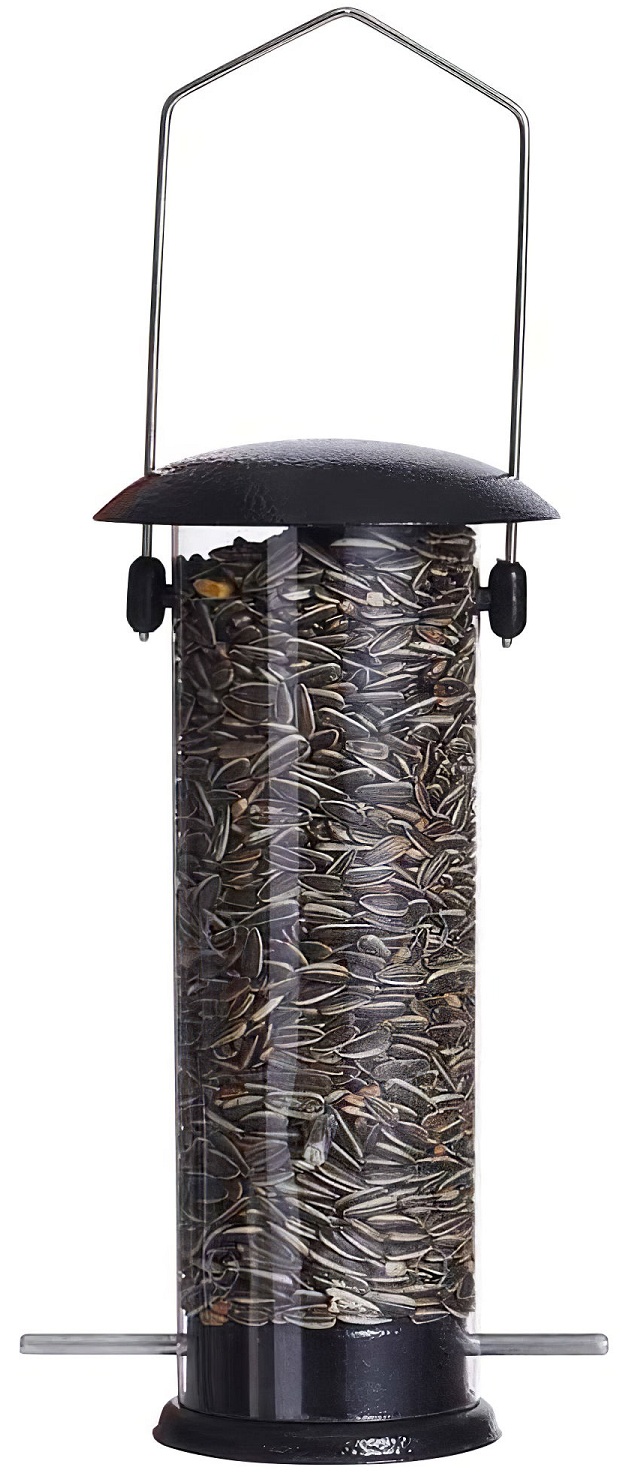 Bird feeder filled with whole sunflower seeds for wild birds.