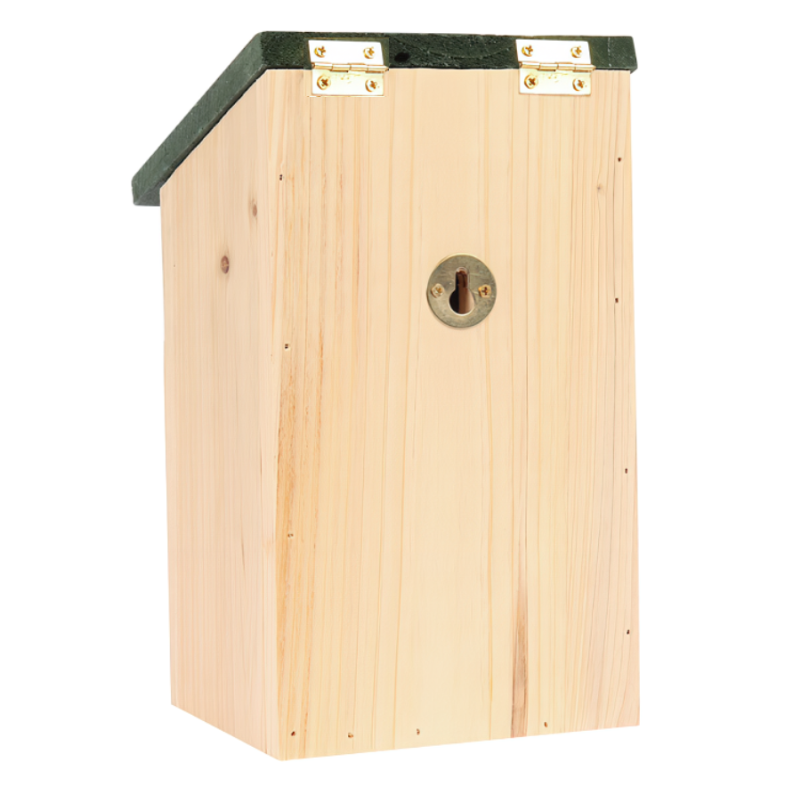 Wooden small bird nesting box with a green roof and keyhole opening, designed for garden wildlife.