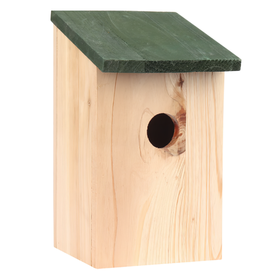 Wooden small bird nesting box with a green roof for garden wildlife.