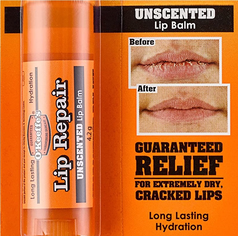 O’Keeffe’s Unscented Lip Balm packaging showing before and after images of lips with improved hydration.