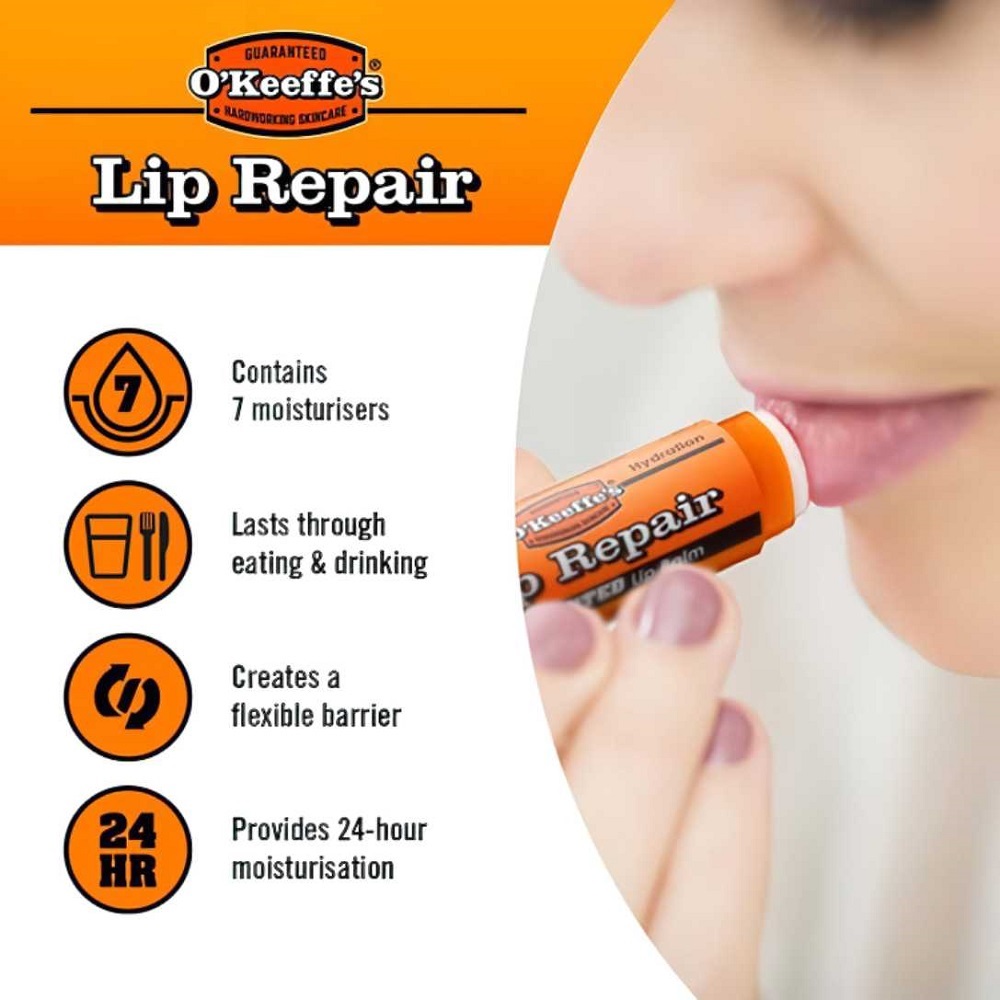 Person applying O’Keeffe’s Unscented Lip Balm with product features listed: contains 7 moisturisers, lasts through eating and drinking, creates a flexible barrier, provides 24-hour moisturisation.