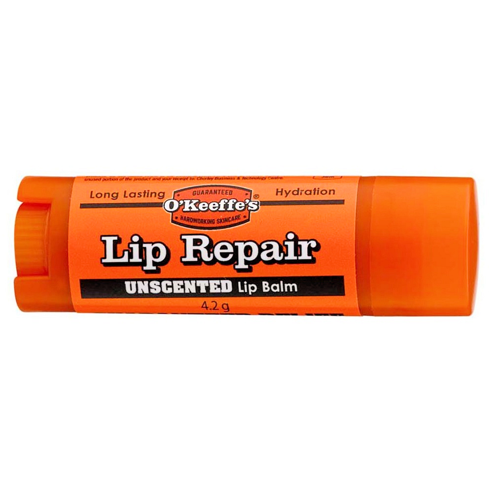 O’Keeffe’s Unscented Lip Balm tube for hydration and repair.