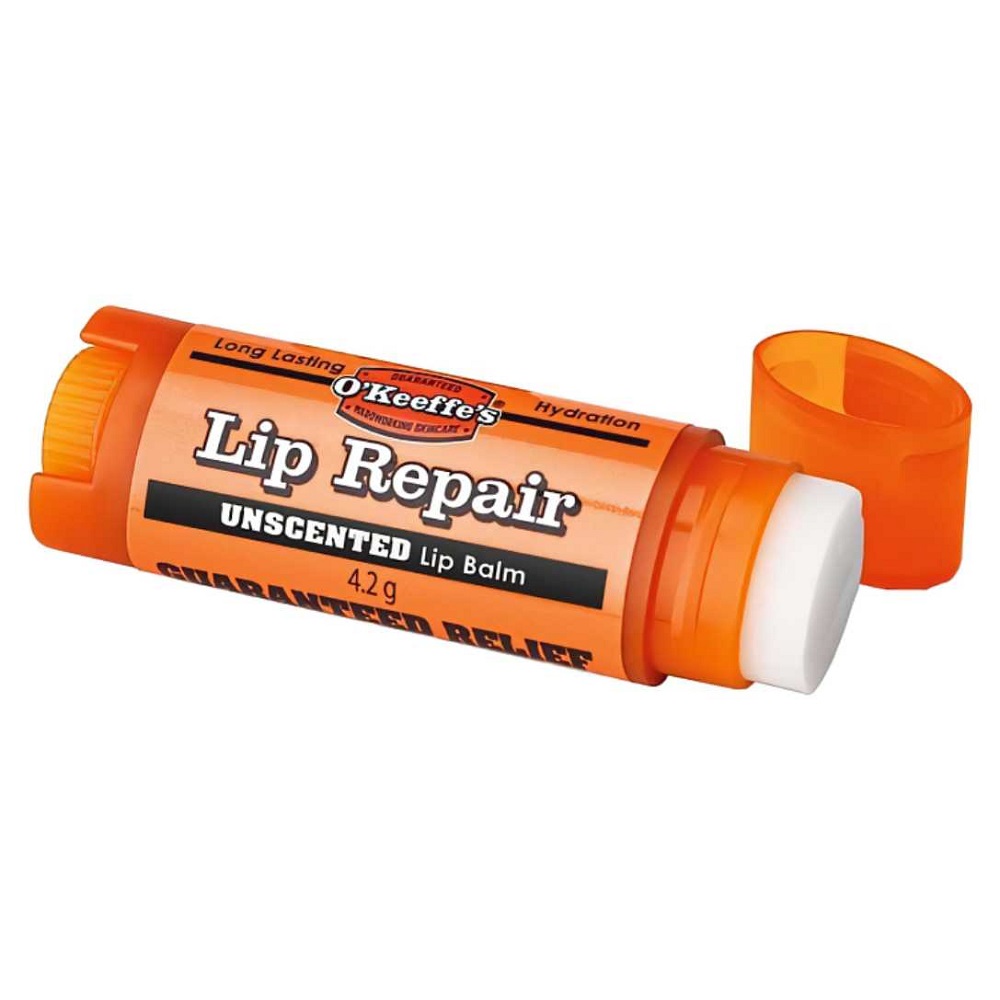 O’Keeffe’s Unscented Lip Balm for hydration and repair in an orange tube with cap removed.