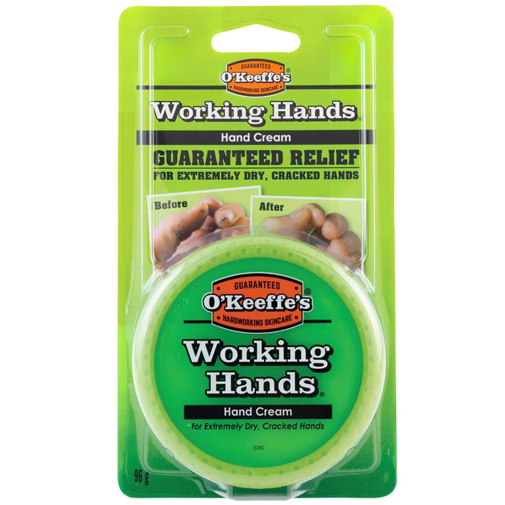 Packaging of O’Keeffe’s Working Hands Hand Cream showing before and after images for dry, cracked hands.
