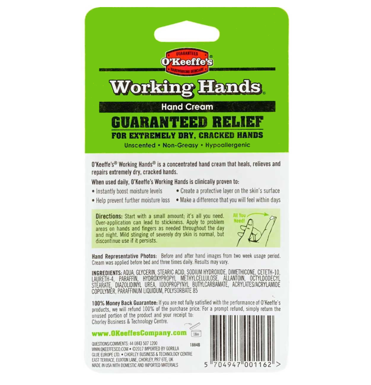 Back packaging of O’Keeffe’s Working Hands Hand Cream showing product details and ingredients.