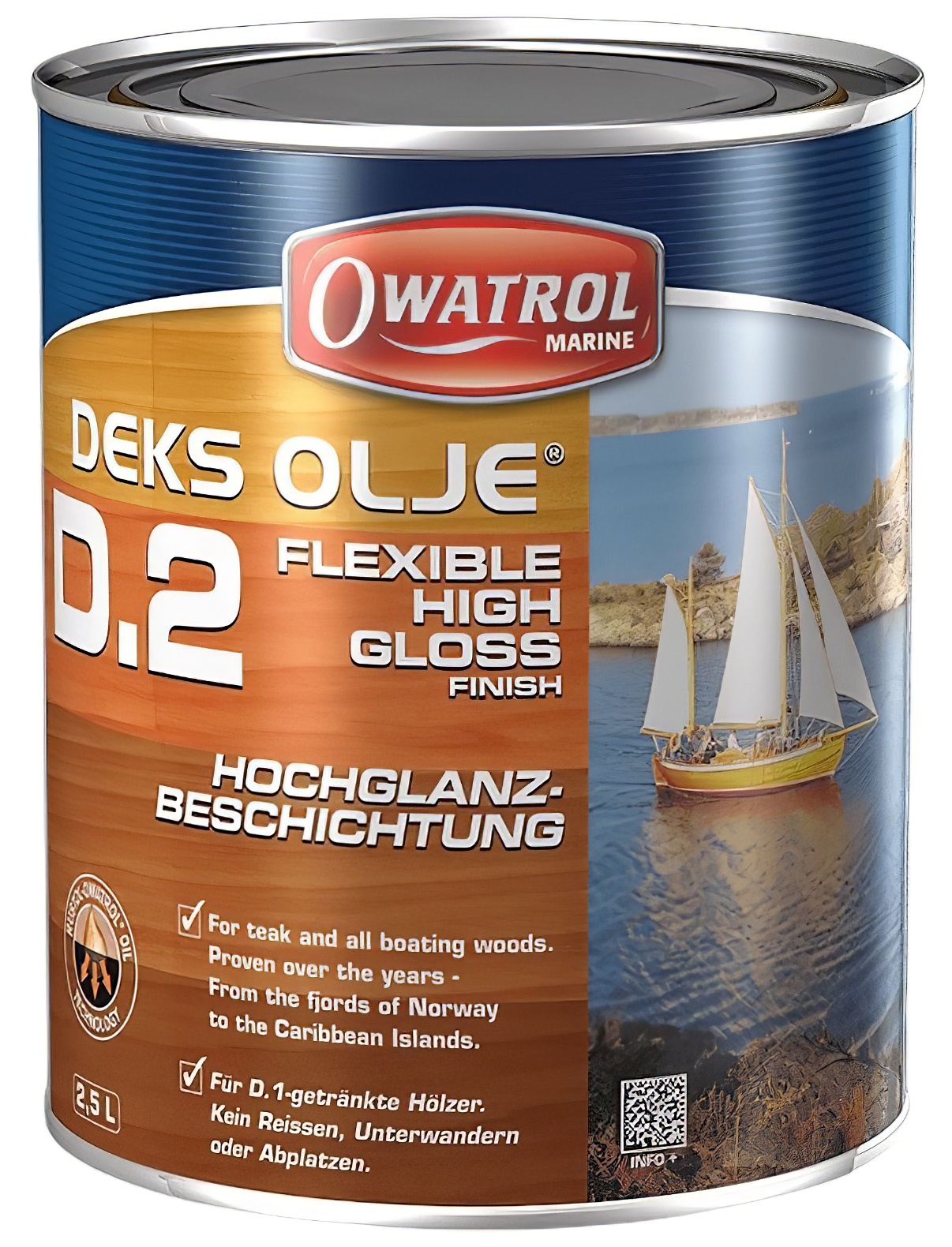 Owatrol D2 DEKS OLJE Yacht Marine High Gloss Flexible Wood Varnish Finish tin with sailing boat image.