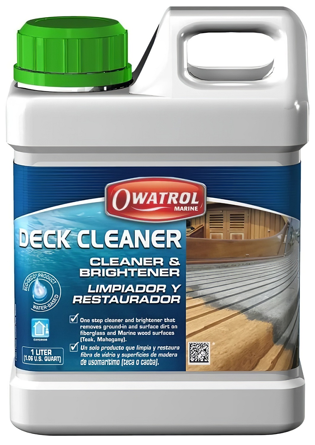Owatrol Net-Trol Marine Wood and Teak Deck Cleaner 2.5L bottle with green cap and label showing cleaning instructions.