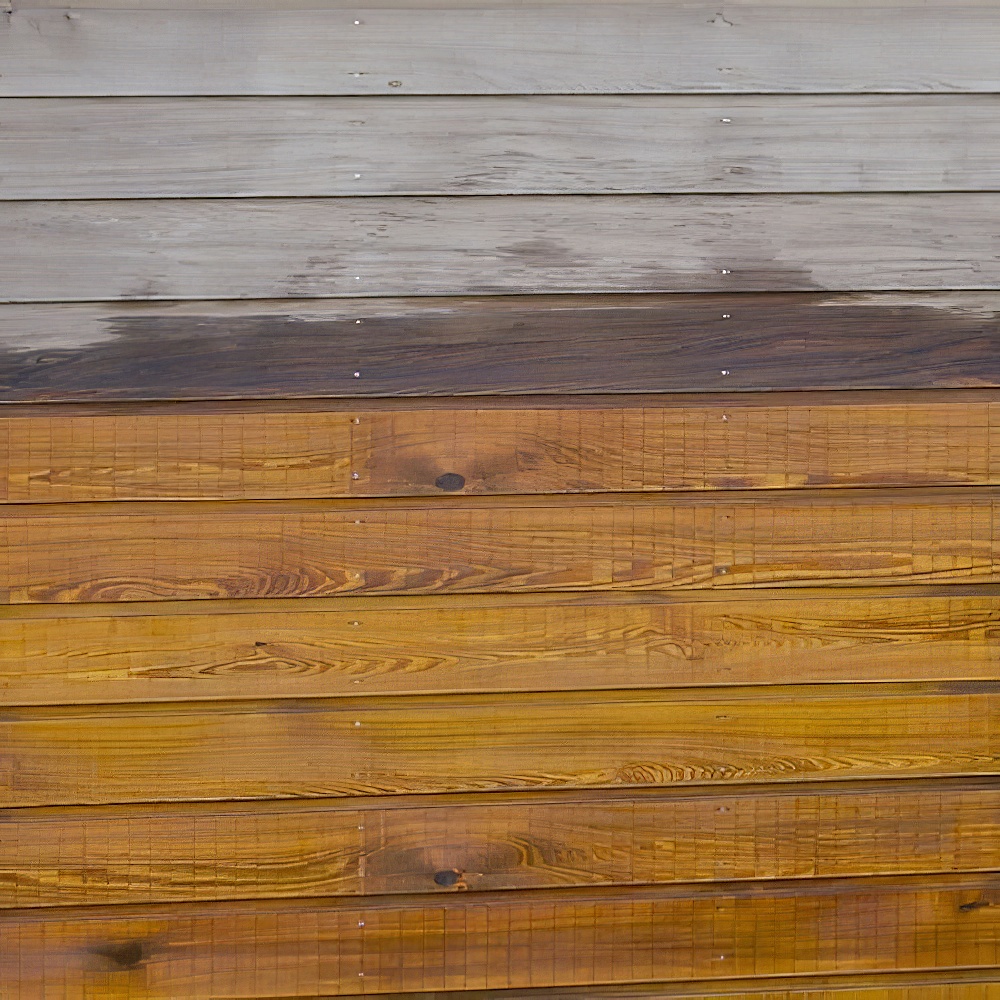 Wood panels showing a contrast between cleaned and weathered sections.
