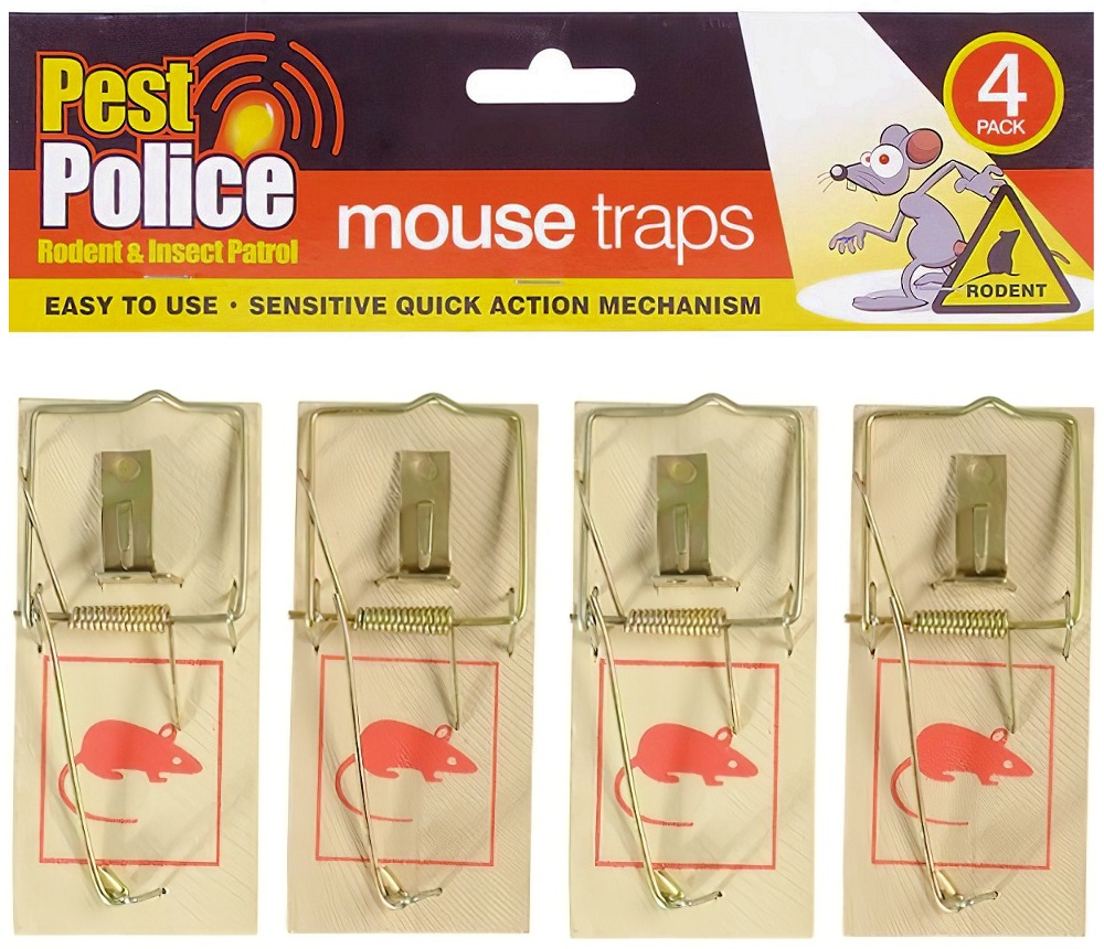 Pack of four Pest Police wooden mouse traps with quick action mechanism.