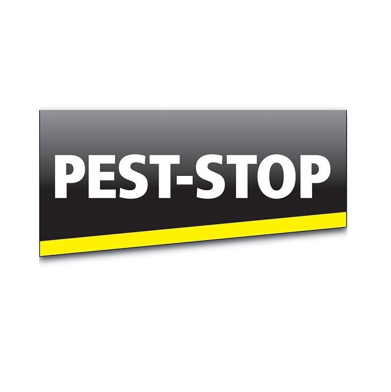 Pest Stop logo with black and yellow design.