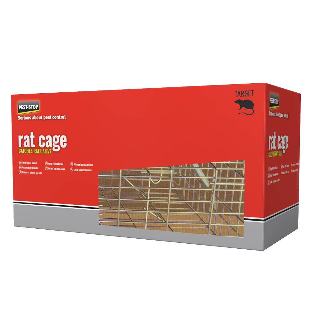 Packaging of Pest Stop 14 Inch Humane Cage Rat Trap with visible metal cage design.