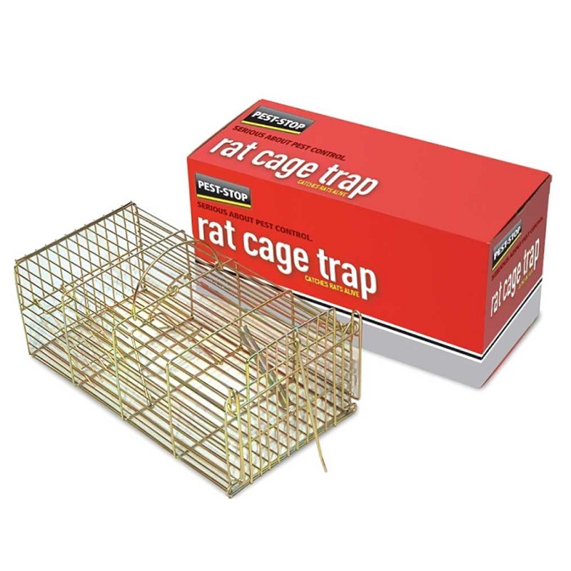 A 14-inch humane cage rat trap with a red box packaging from Pest Stop.