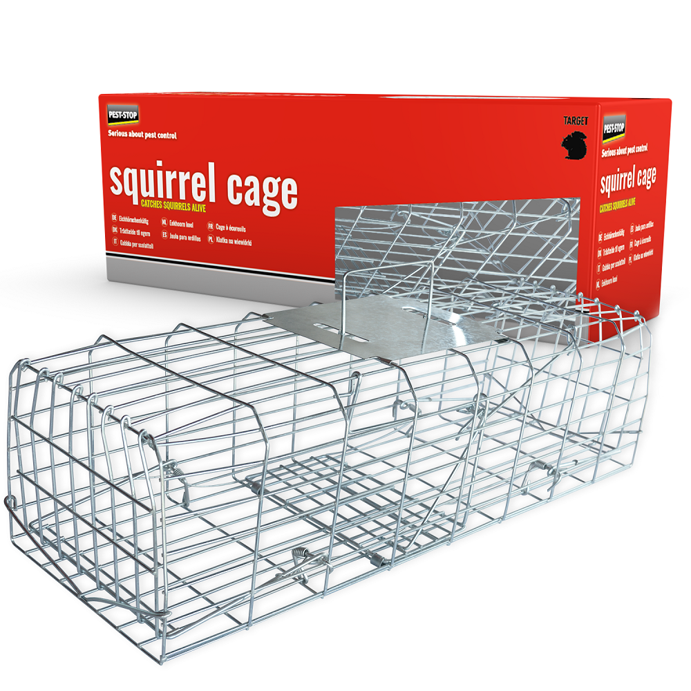 24 inch squirrel cage trap with a red and white box in the background.