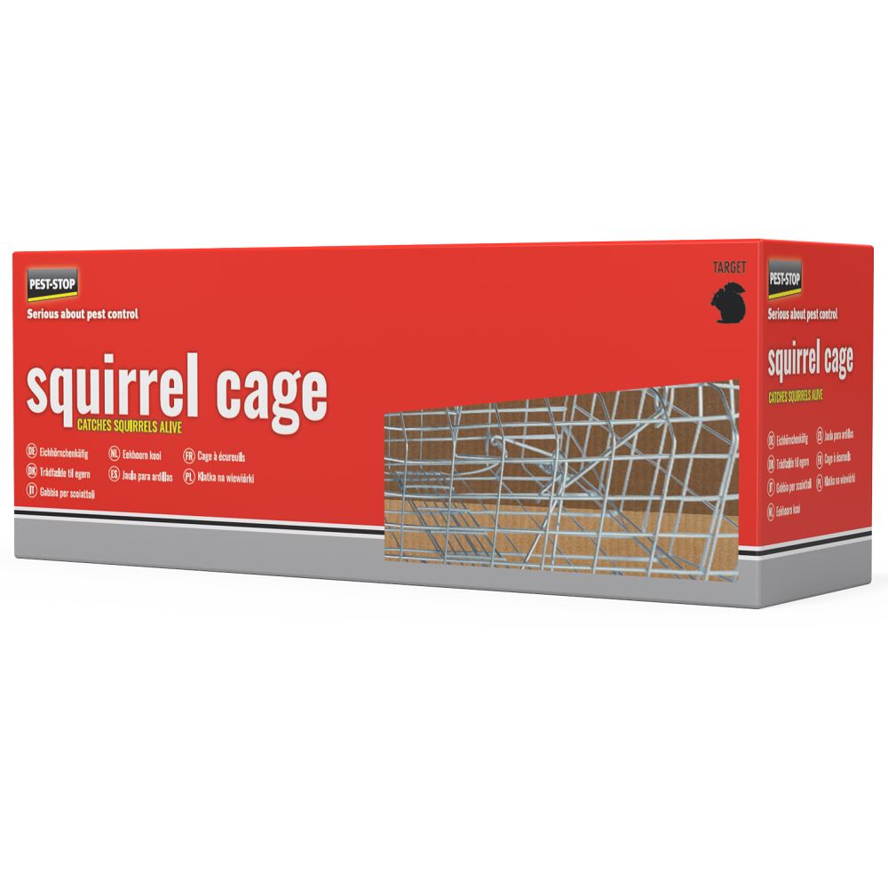 Packaging of Pest Stop 24 Inch Squirrel Cage Trap with metal cage design visible.