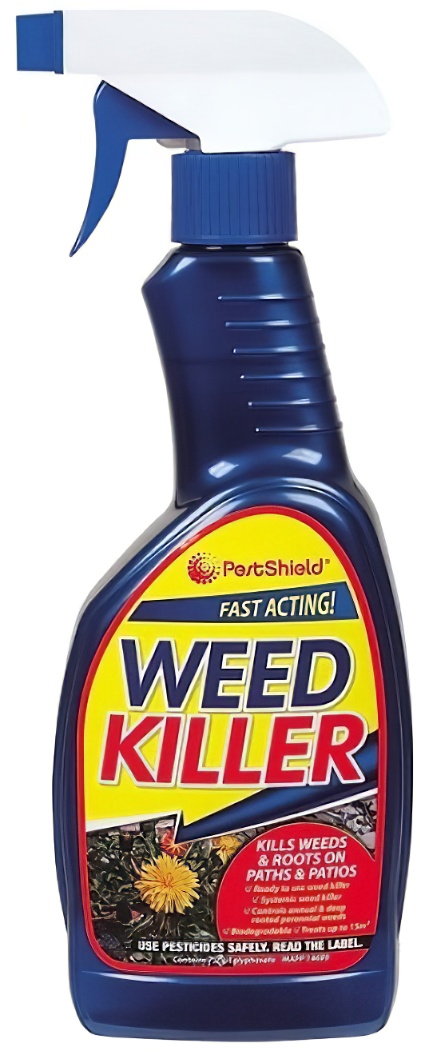 500ml Pestshield Weed Killer Spray bottle with a blue trigger and label showing fast-acting formula.