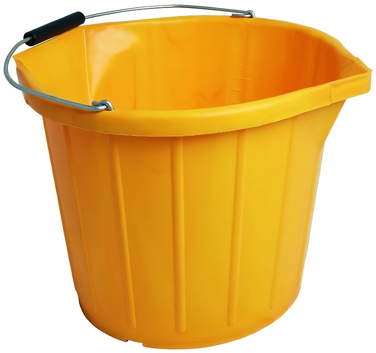 Bright yellow 14L builders bucket with a metal handle.
