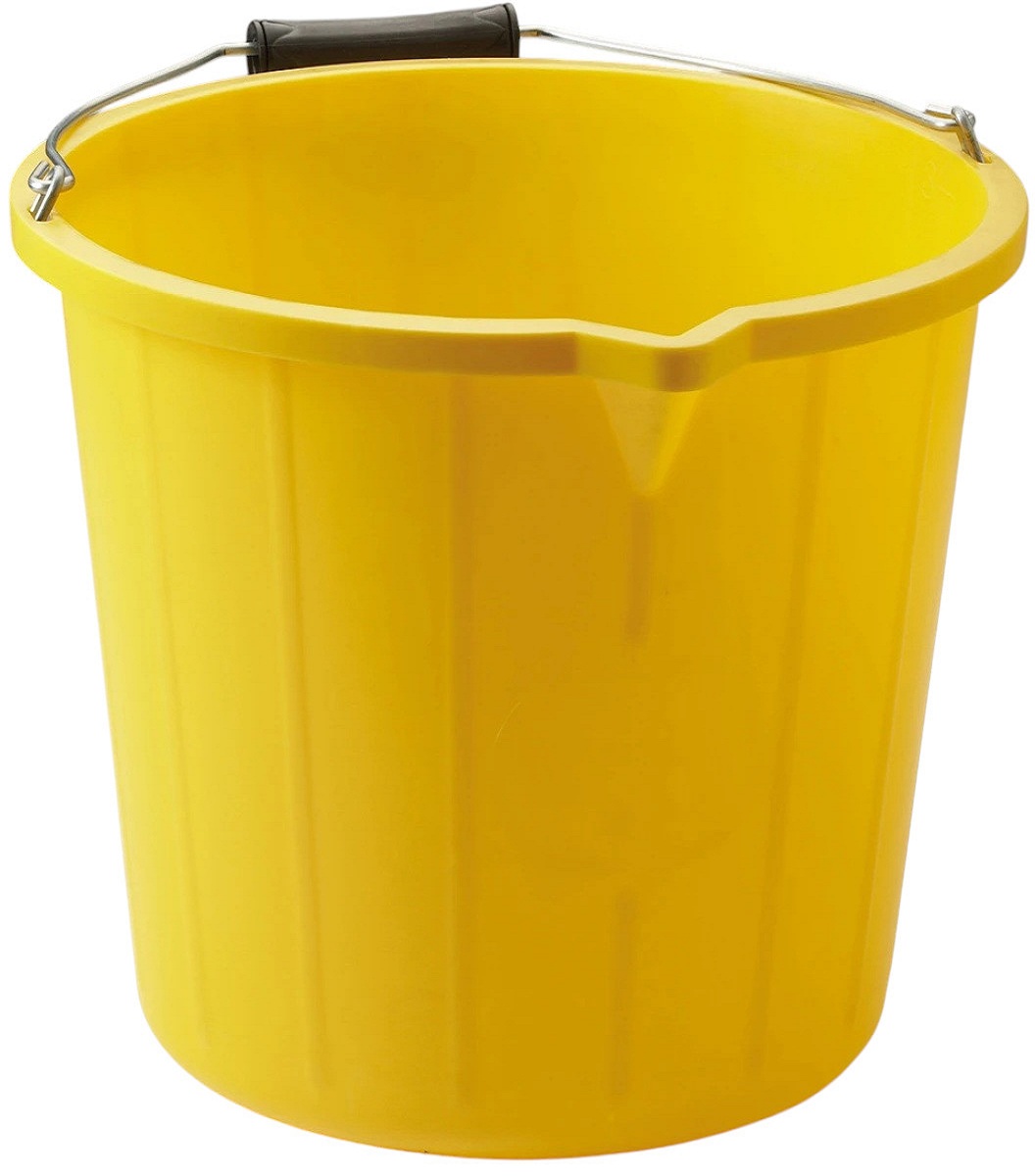 Bright yellow 14L builders bucket with a metal handle. spout view