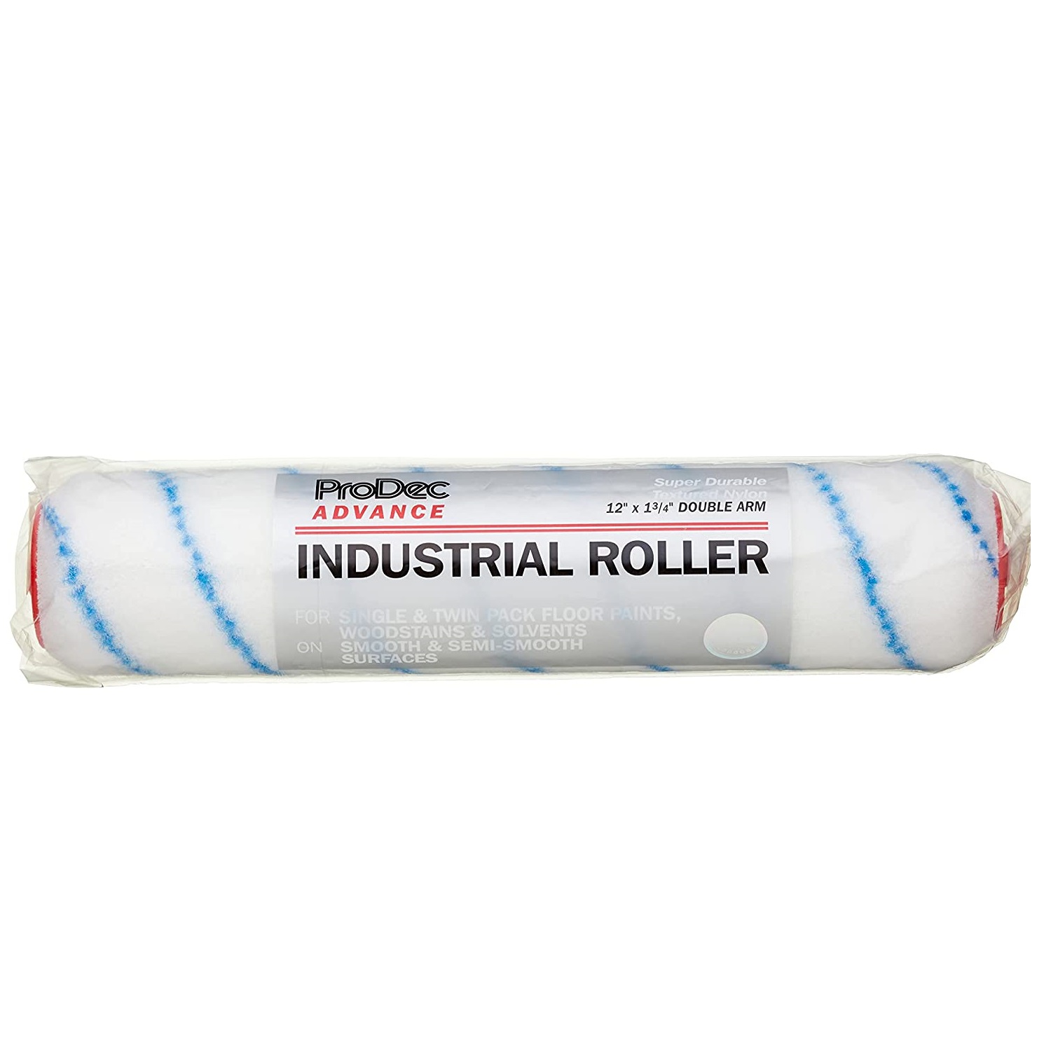 Prodec 12 Inch Solvent Resistant Industrial Paint Roller Sleeve in packaging, with blue stripes and labelled for professional use.
