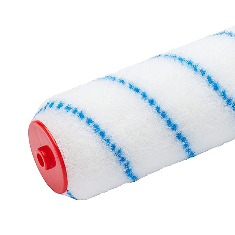 Close-up of a white paint roller sleeve with blue stripes and a red end cap.