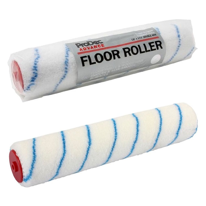 Prodec 12 Inch Solvent Resistant Industrial Paint Roller Sleeve with blue stripes and red ends.