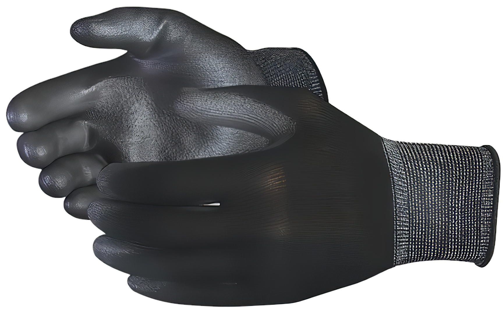 Black PU coated palm gloves with grey cuffs, medium size, displayed on a white background.