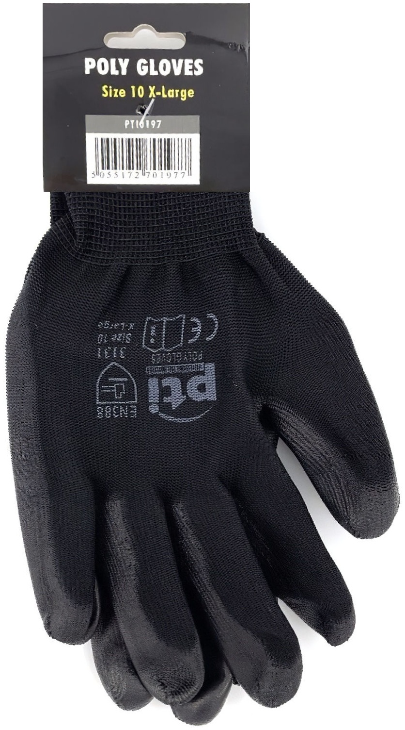 Black PU coated palm gloves with grey cuffs, packaging