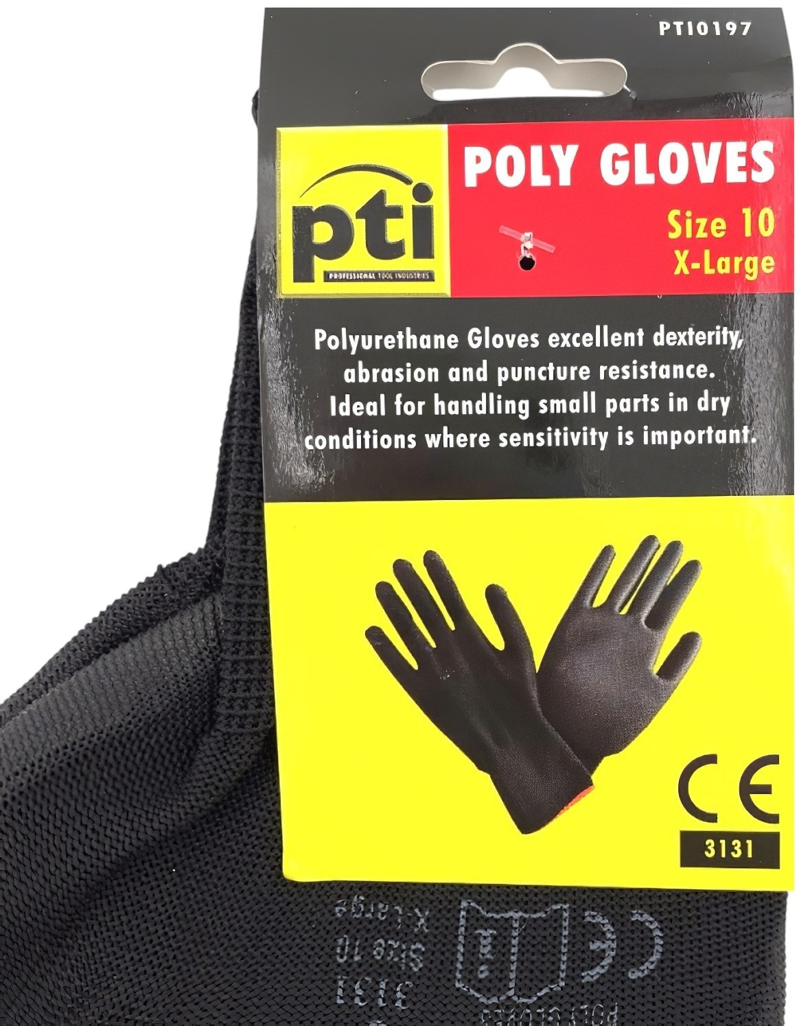 Black PU coated palm gloves with grey cuffs, closeup-label