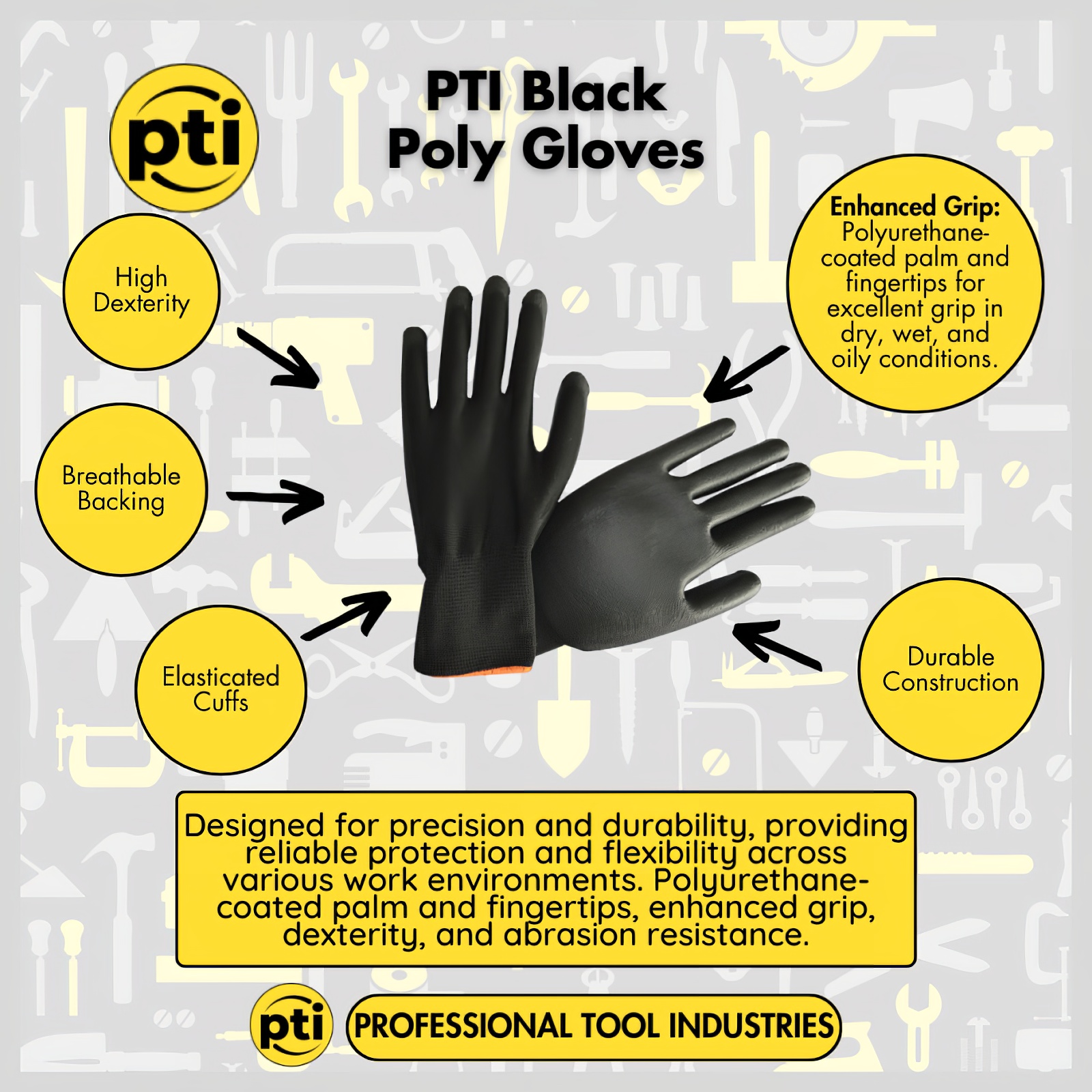 Black PU coated palm gloves with grey cuffs, information