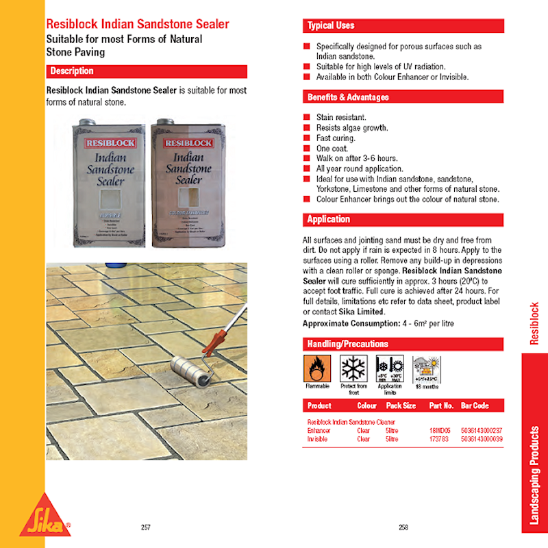 Showing Resiblock Indian Sandstone Sealer being applied with a roller on natural stone paving.
