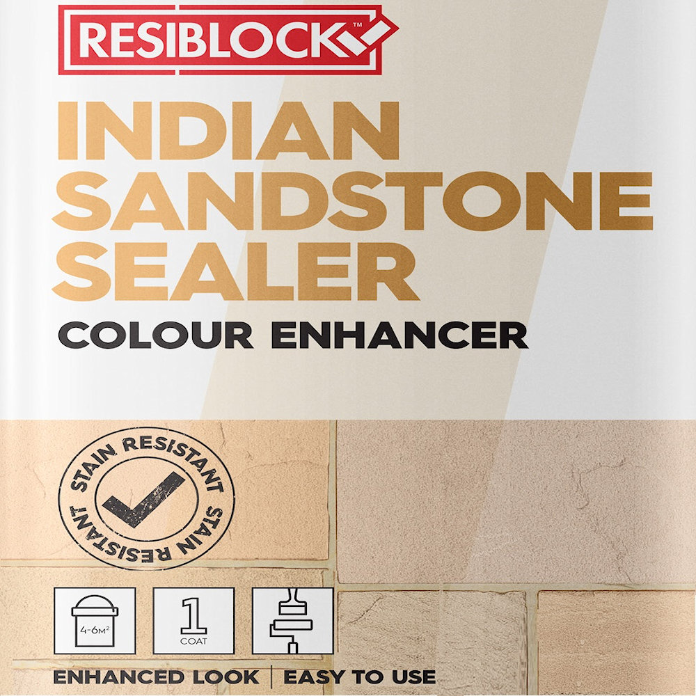 Close-up of Resiblock Indian Sandstone Colour Enhancer Sealer label showing stain resistance and application instructions.