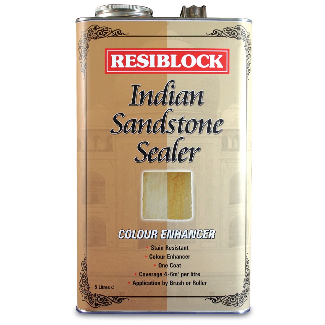 Resiblock Indian Sandstone Sealer 5L tin with colour enhancer label and application details.