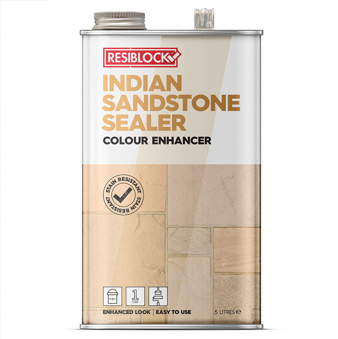 Resiblock Indian Sandstone Sealer Colour Enhancer 5L container with label showing stain resistance and easy application.