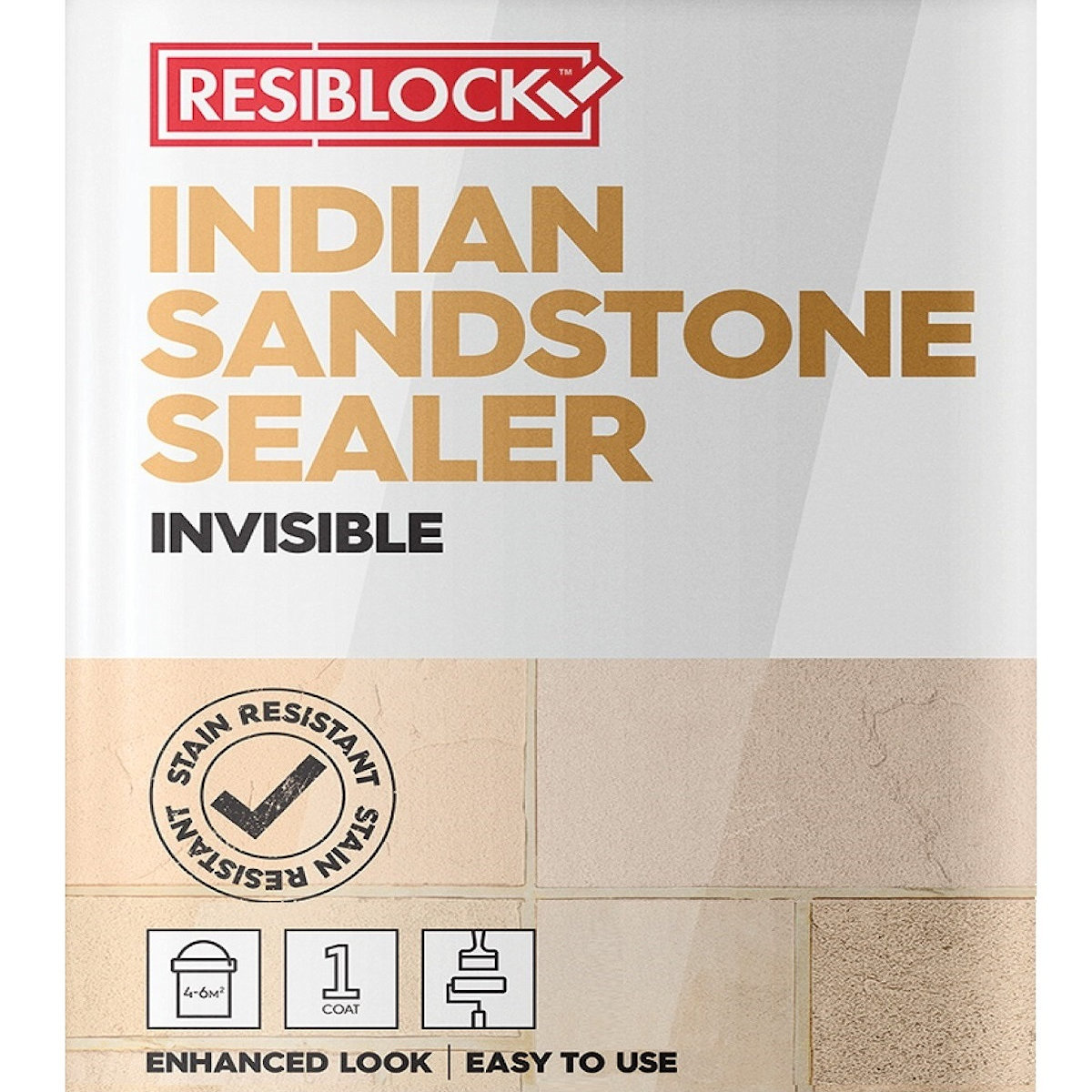 Resiblock Indian Sandstone Invisible Sealer 5L container with stain resistant label and application icons.