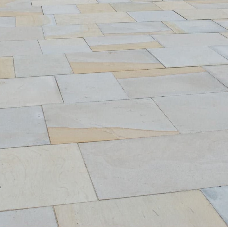 Close-up view of Indian sandstone paving slabs.