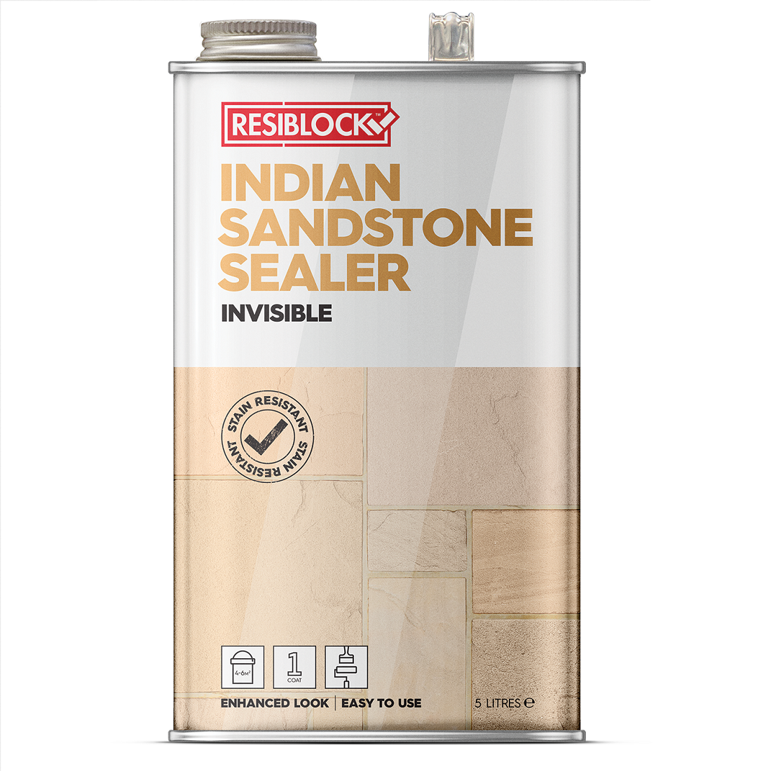 Resiblock Indian Sandstone Invisible Sealer 5L container with label showing stain resistance and easy application.