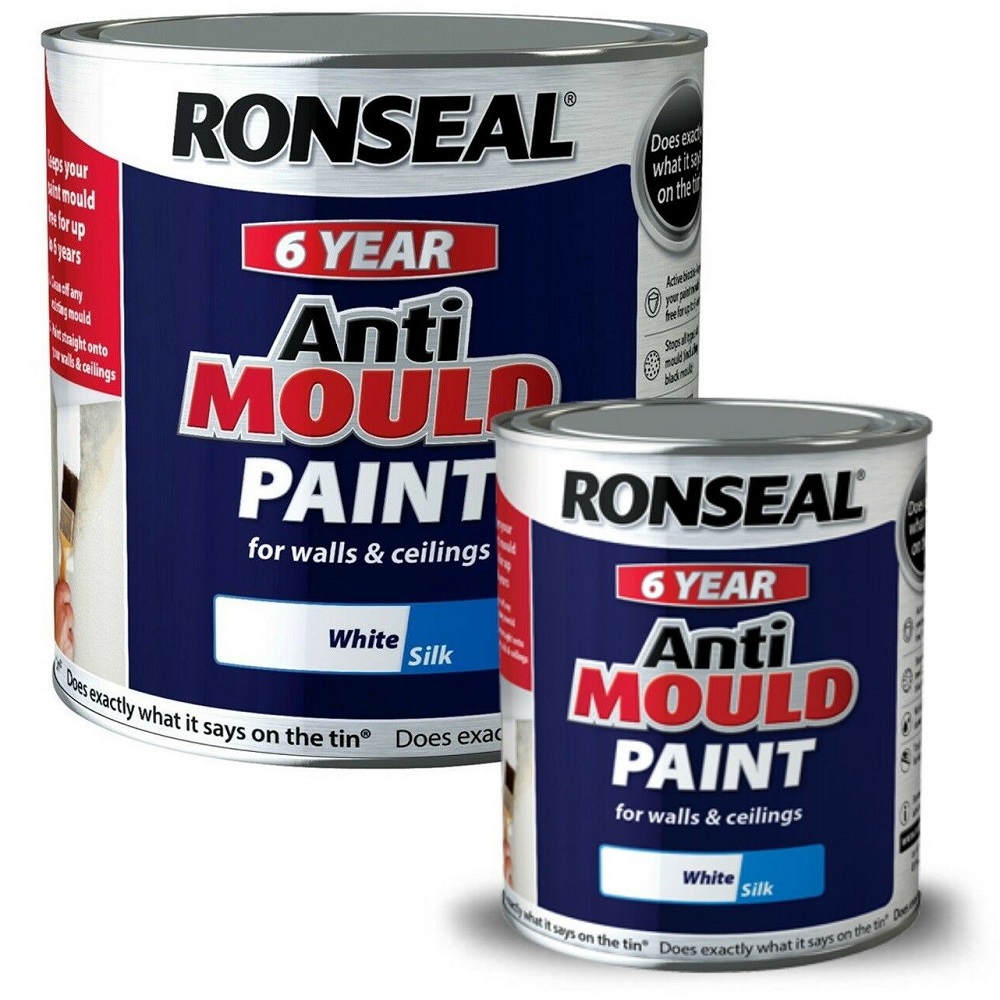 Two cans of Ronseal Anti-Mould Paint in white matt with 6 year protection.