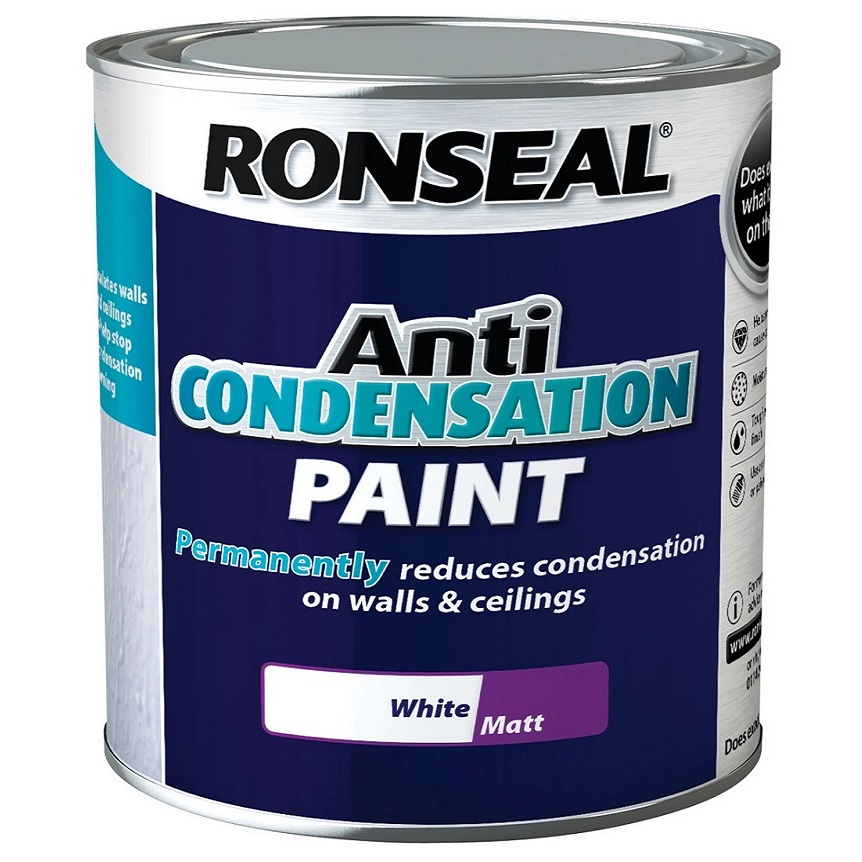 Tin of Ronseal Anti-Condensation Paint in White Matt, 750ml size.