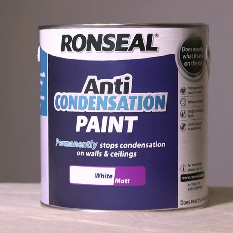 Ronseal Anti-Condensation Paint White Matt 750ml tin on a surface.