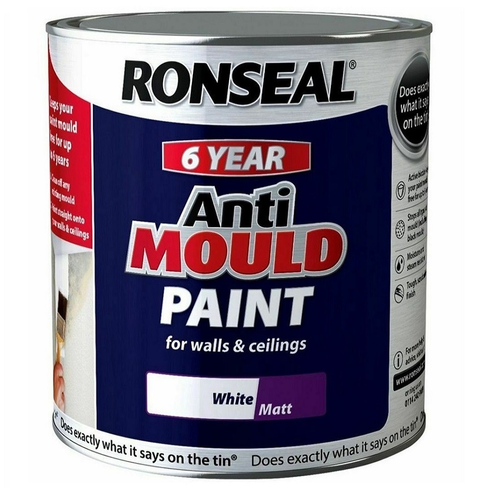 Ronseal Anti-Mould Paint in a 750ml tin, offering 6-year protection for walls and ceilings.