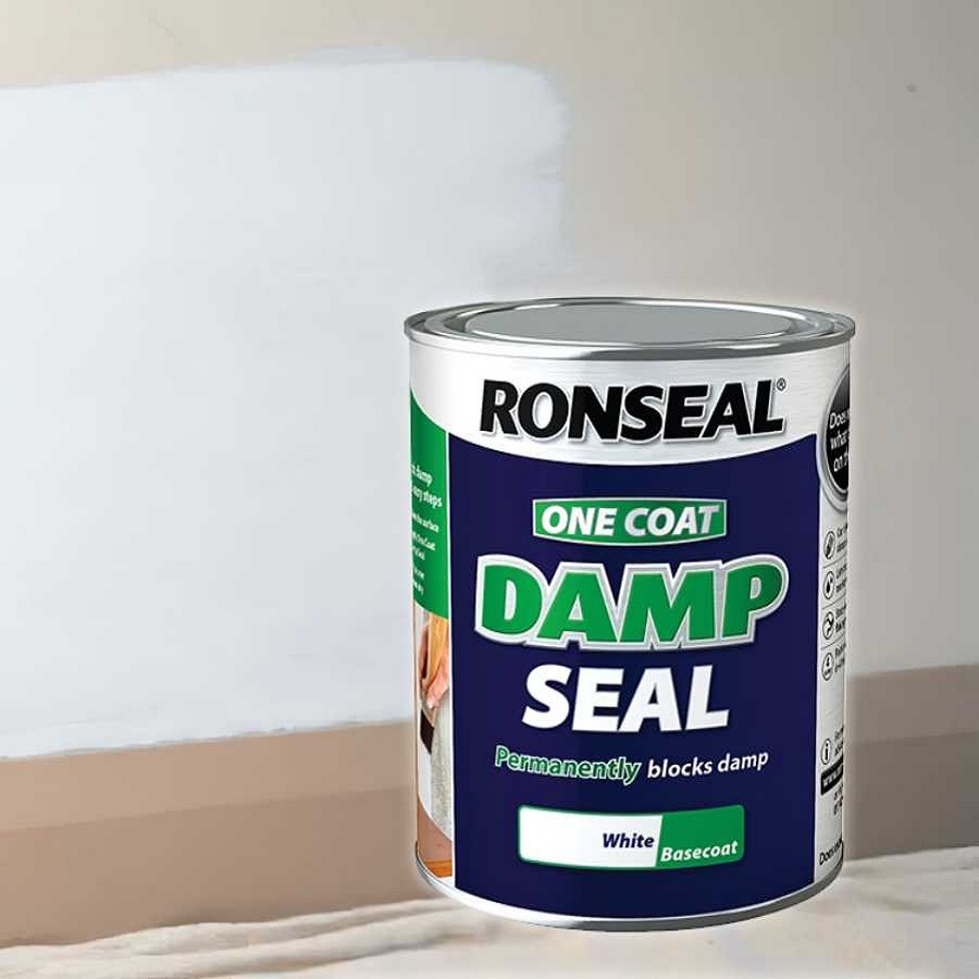 Ronseal One Coat Damp Seal White Paint tin against a painted wall background.