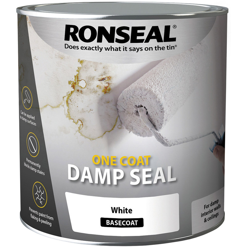 Ronseal One Coat Damp Seal White Paint tin with roller and damp wall image.