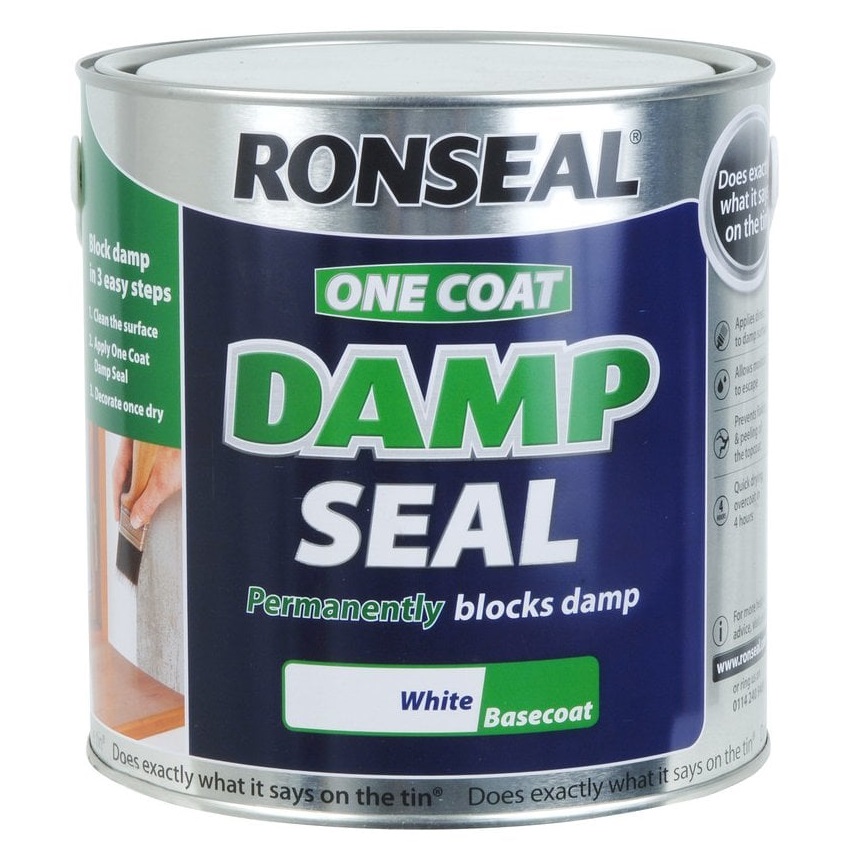 Tin of Ronseal One Coat Damp Seal White Paint 2.5L for wall sealing.