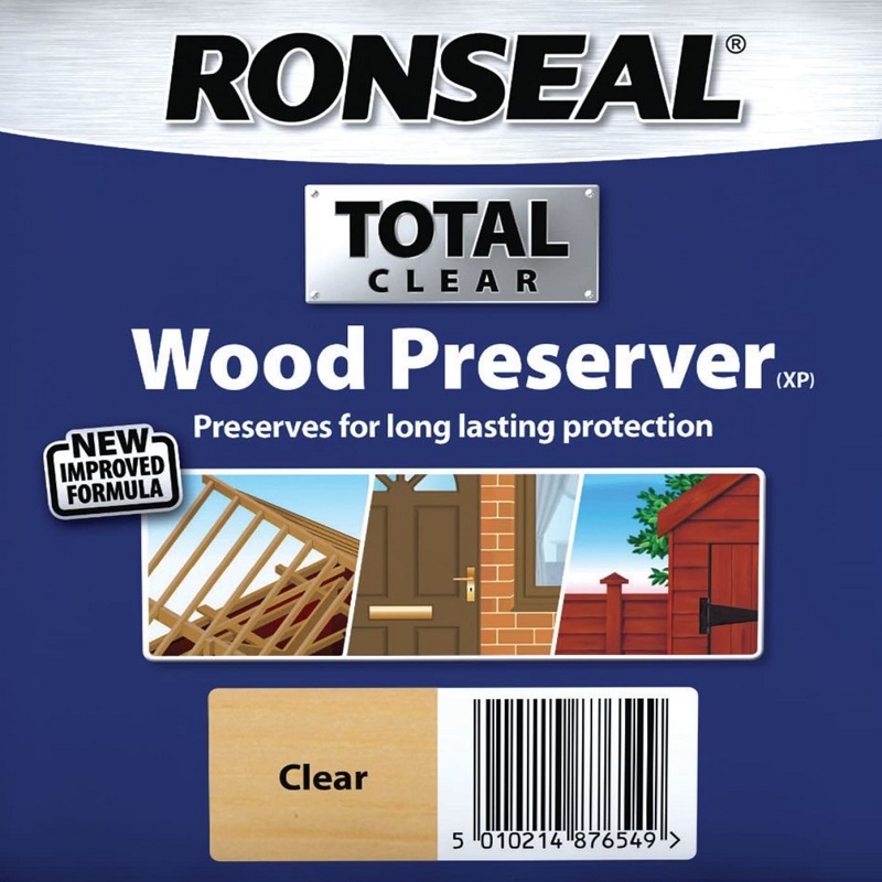 Ronseal Total Clear Wood Preserver 5L packaging with images of treated wood structures and a barcode.