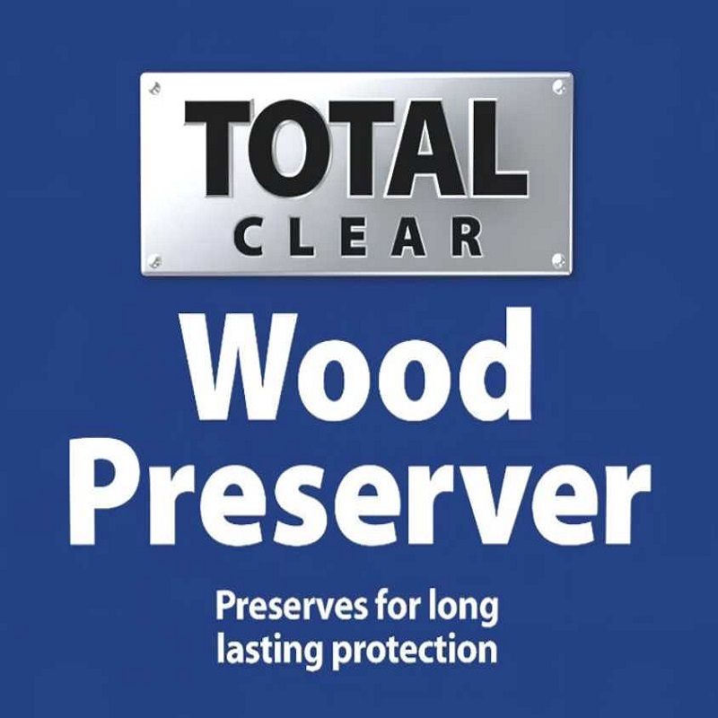 Ronseal Total Clear Wood Preserver 5L label with text about long-lasting protection.