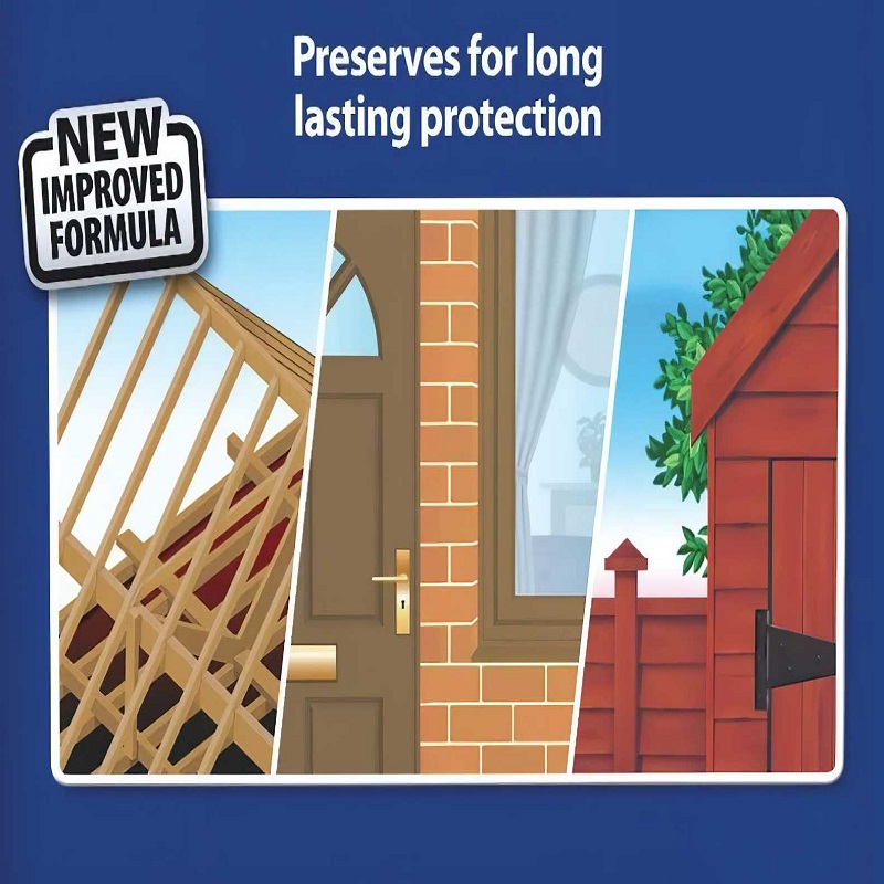 Illustration showing wood structures treated with Ronseal Total Clear Wood Preserver for protection against rot, fungi, and woodworm.