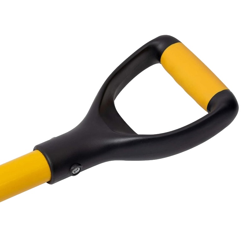 Close-up of the handle of a Roughneck Micro Round Head Short Handle Shovel, designed for tight spaces.