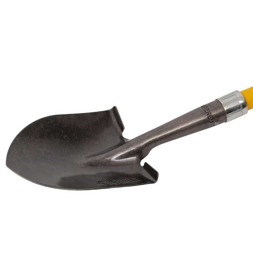 Close-up of a Roughneck micro round head short handle shovel with a metal blade and yellow handle.